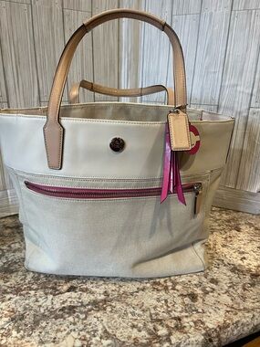 Coach Cream Tote with Pink Trim and Tan Handles